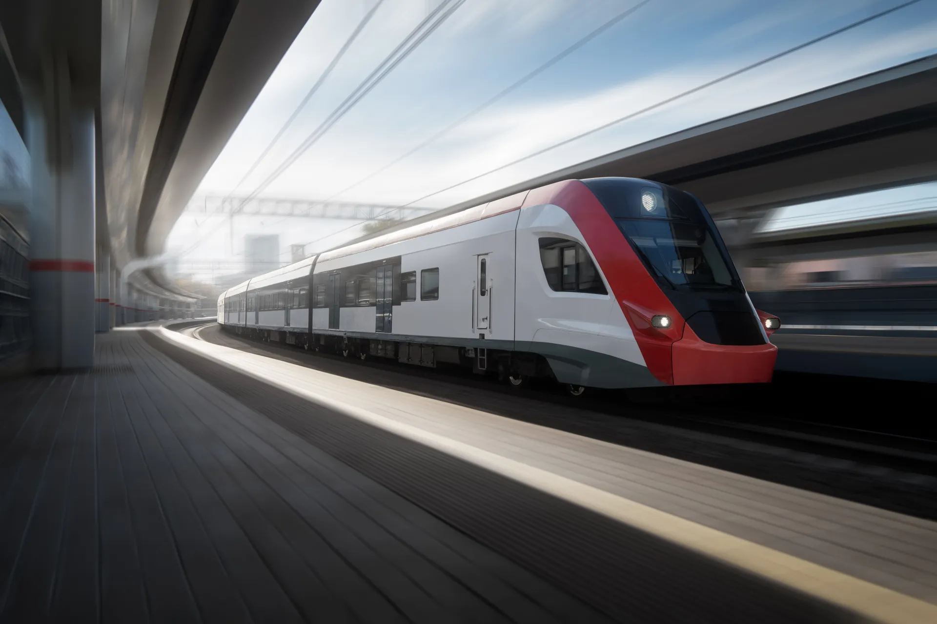 Train moderne à grande vitesse arrivant dans une gare, capturé en mouvement avec un effet de flou pour accentuer la dynamique.