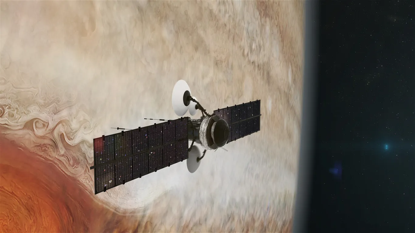 Satellite d’observation en orbite autour d’une planète géante gazeuse, avec des panneaux solaires étendus et l’espace étoilé en arrière-plan.