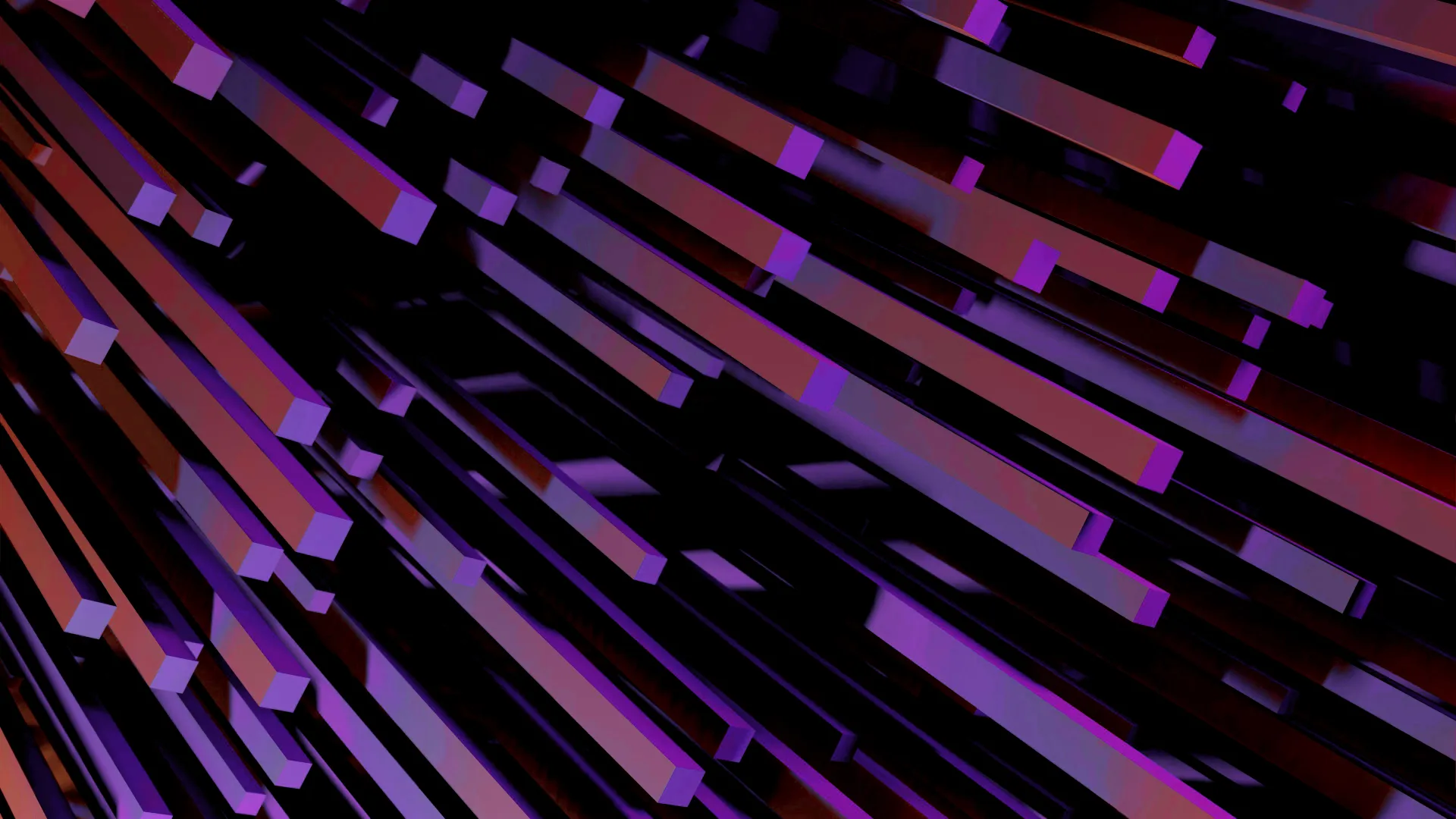 Motif abstrait composé de barres géométriques en perspective, aux reflets violets et rouges, sur fond noir.