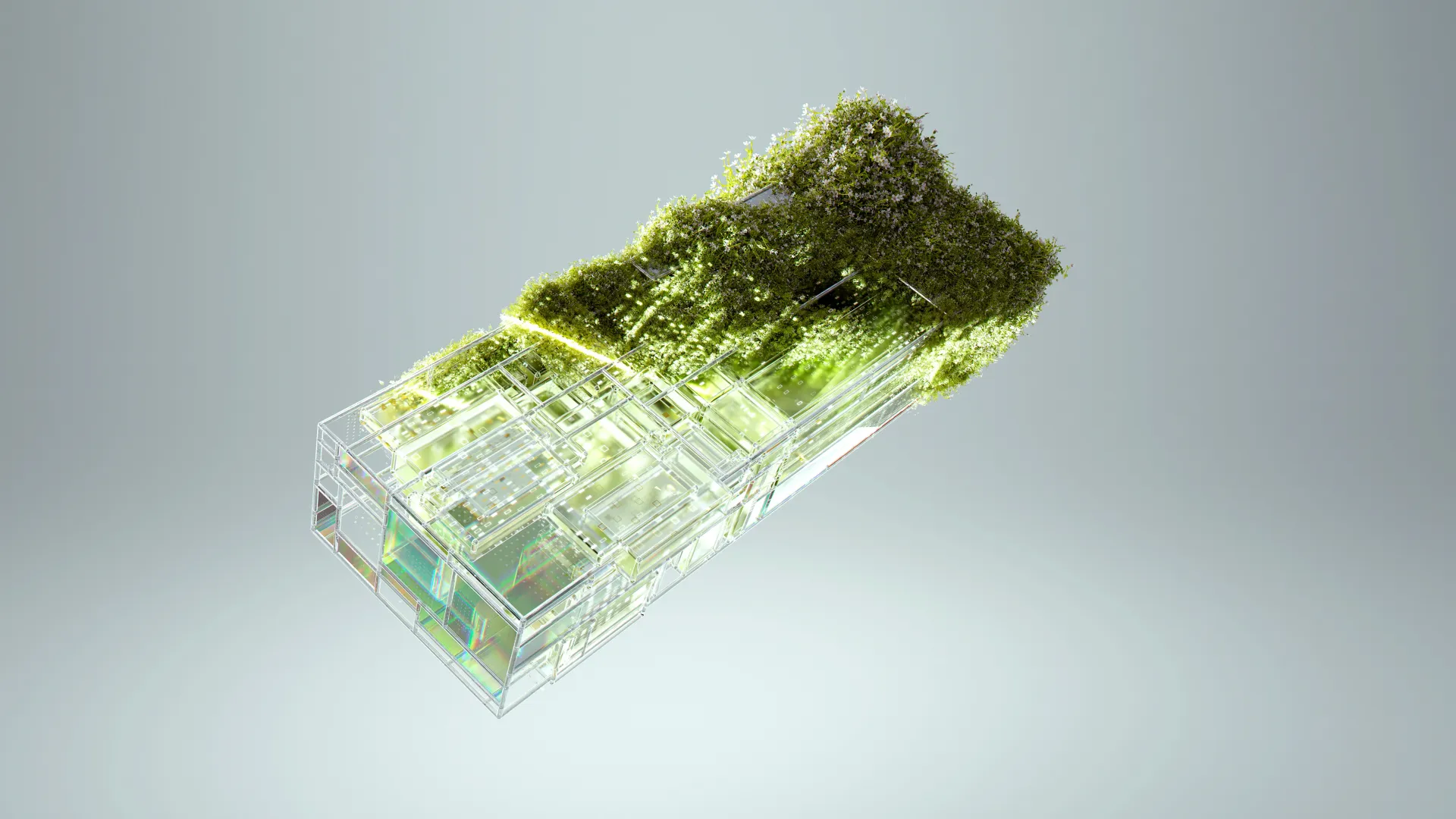 Bloc transparent de circuits recouvert partiellement de végétation, symbolisant la technologie durable.