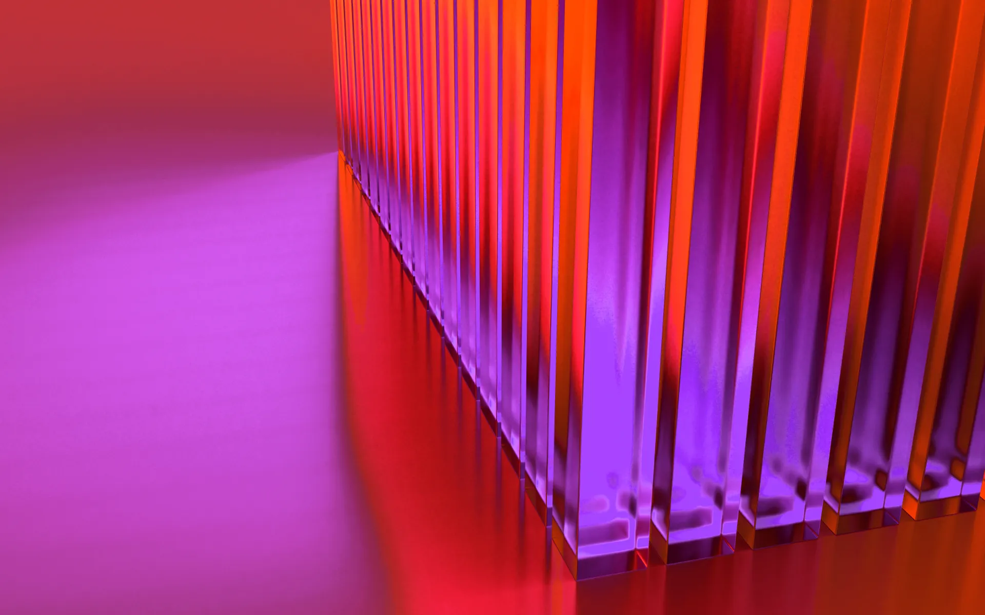 Colonnes transparentes aux reflets violets et rouges sur fond lisse.