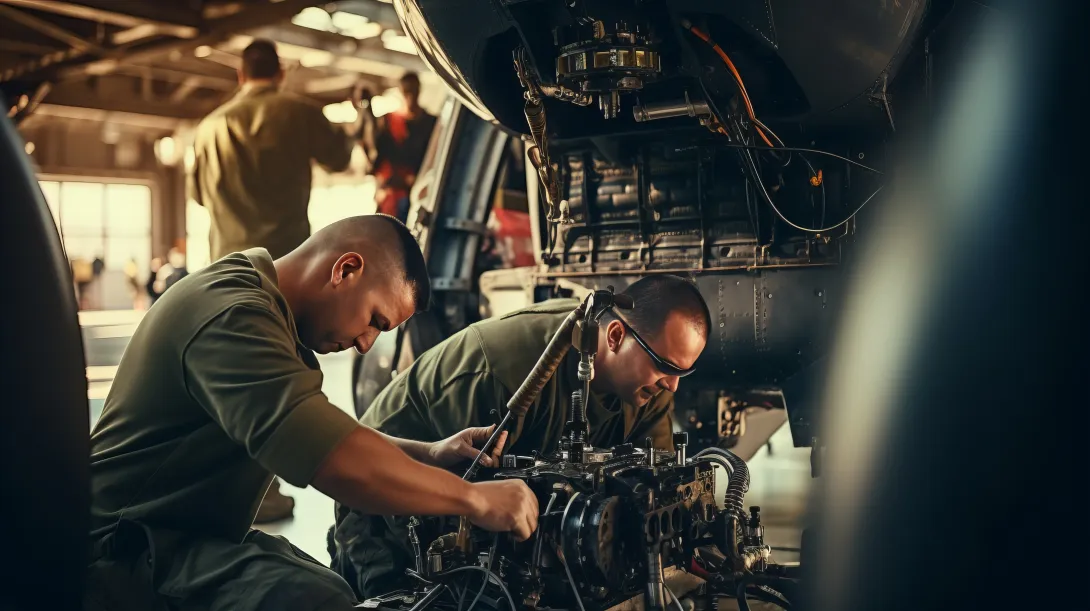 Deux militaires de la Défense en opération de maintenance sur un véhicule 